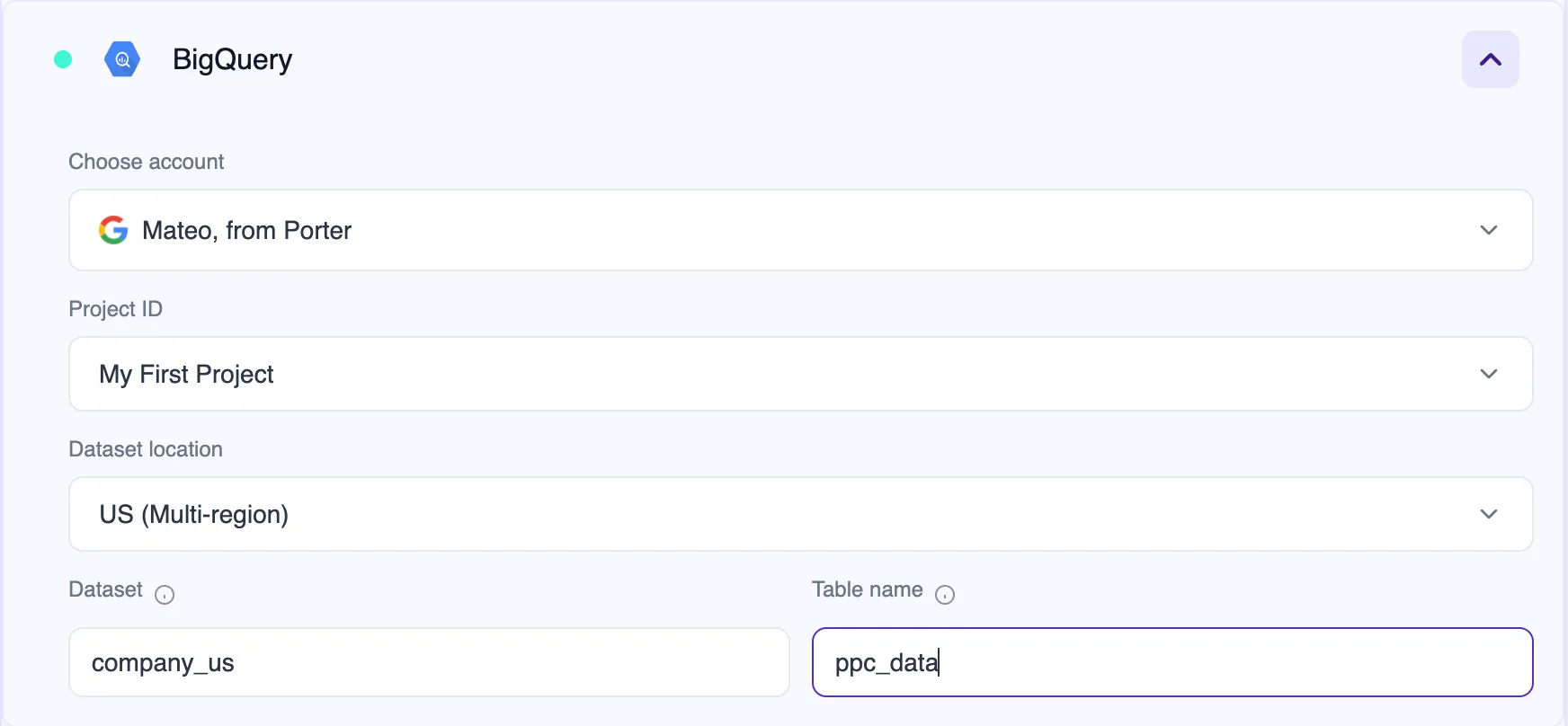 Select your BigQuery projects interface