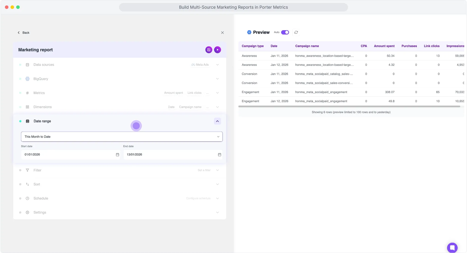 Set a date range interface for Meta Ads to Google BigQuery connection